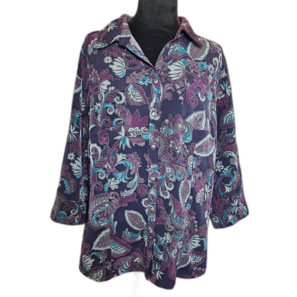 Purple and Teal Large Soft Paisley Button Front Blouse Roll Tab Top Floral Boho